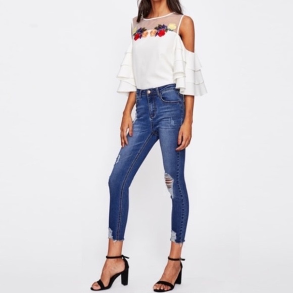 💎 Blue distressed raw hem high waisted jeans - Picture 1 of 8